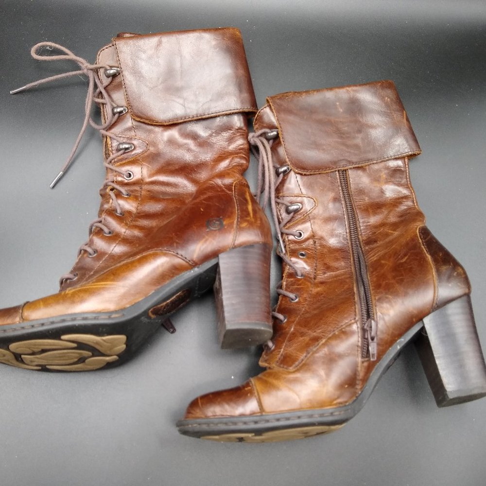 Born leather mid-calf high heel lace up boots